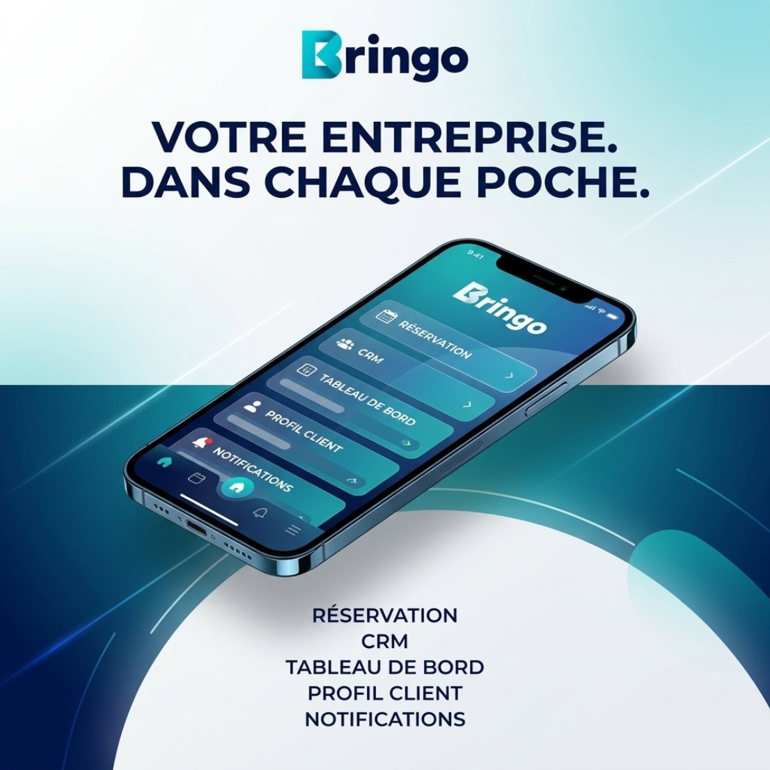 Application mobile Bringo avec réservation, CRM, tableau de bord et notifications